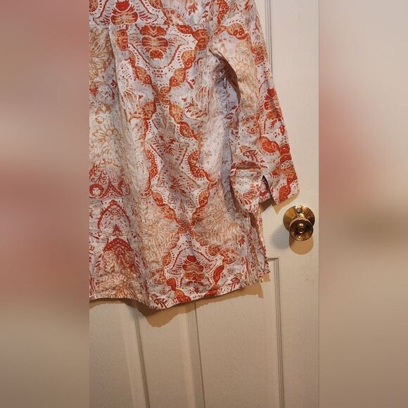 Chico's 1/M Orange White Paisley Print 100% LINEN 3/4 Slv 1/2 Button Women's Top - Picture 11 of 12